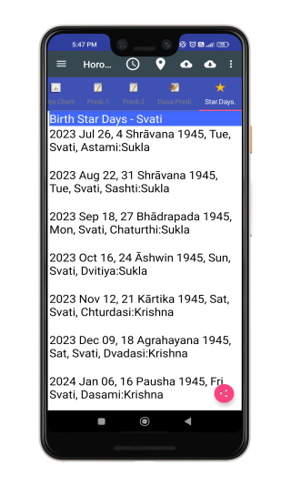 Birth Star Days Display: Astrological App Screen Insights